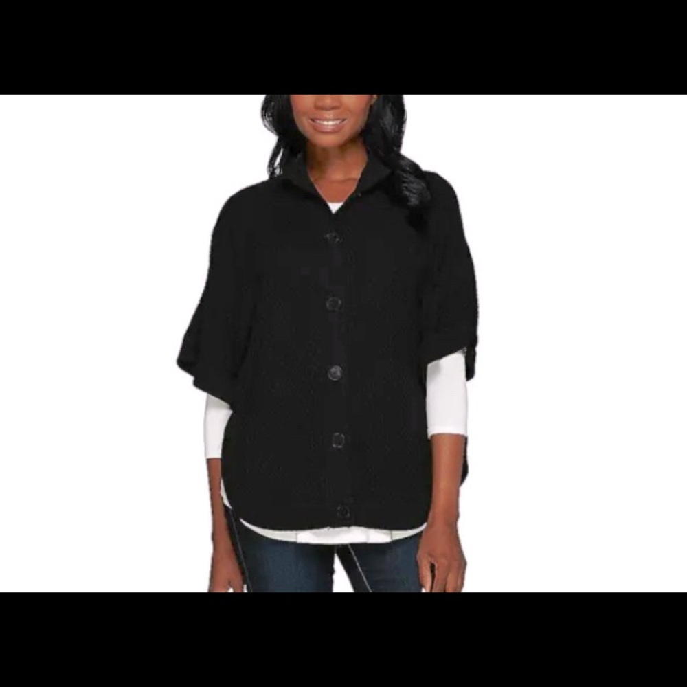 1X Black Denim & Co. Stand Collar Button Front Poncho Sweater